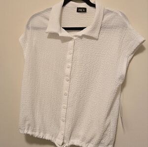 NWT Isca White shirt, button front, drawstring, oversized